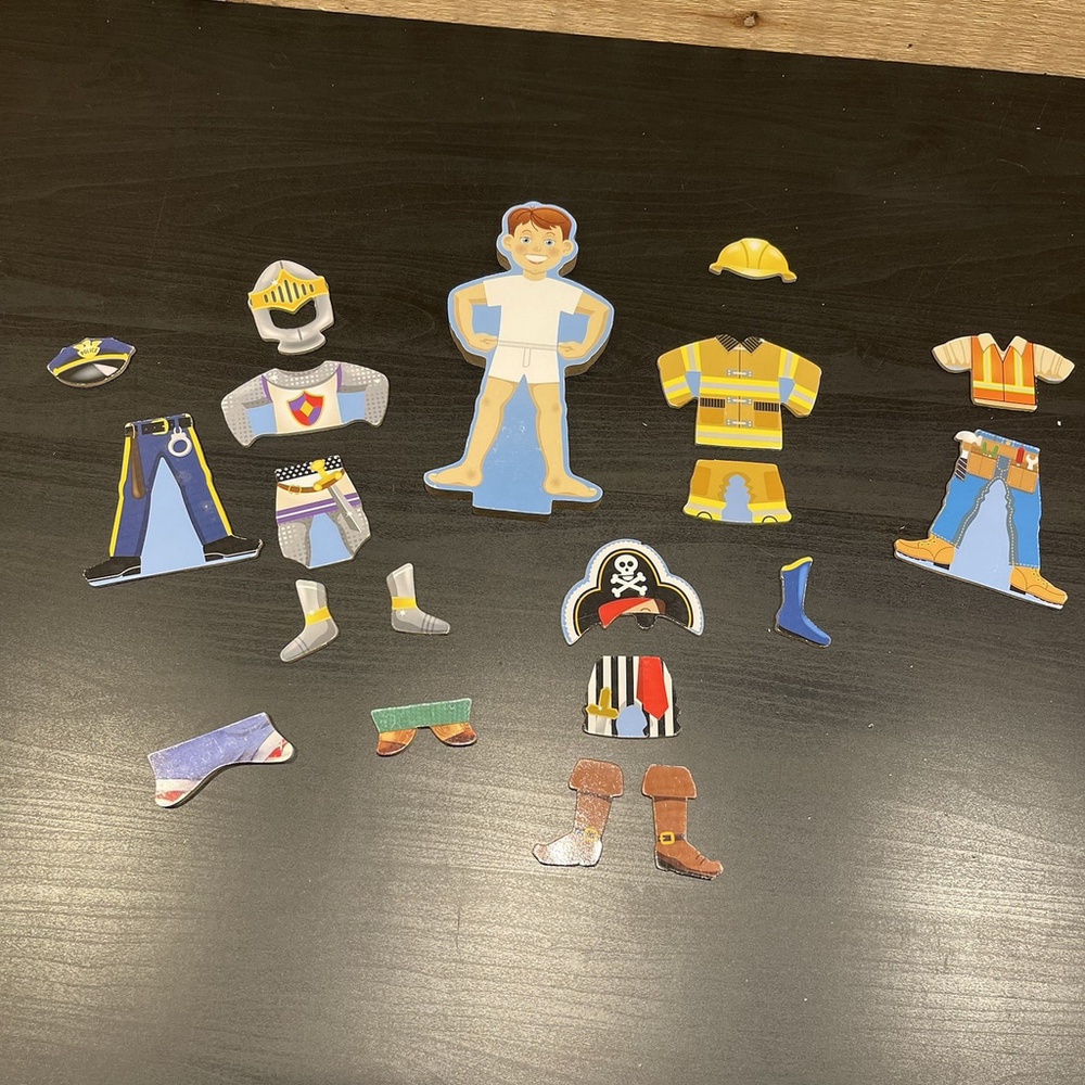 Melissa & Doug Joey Wooden Magnetic Dress-Up Doll Toy & 5 Outfits (Missing Some)